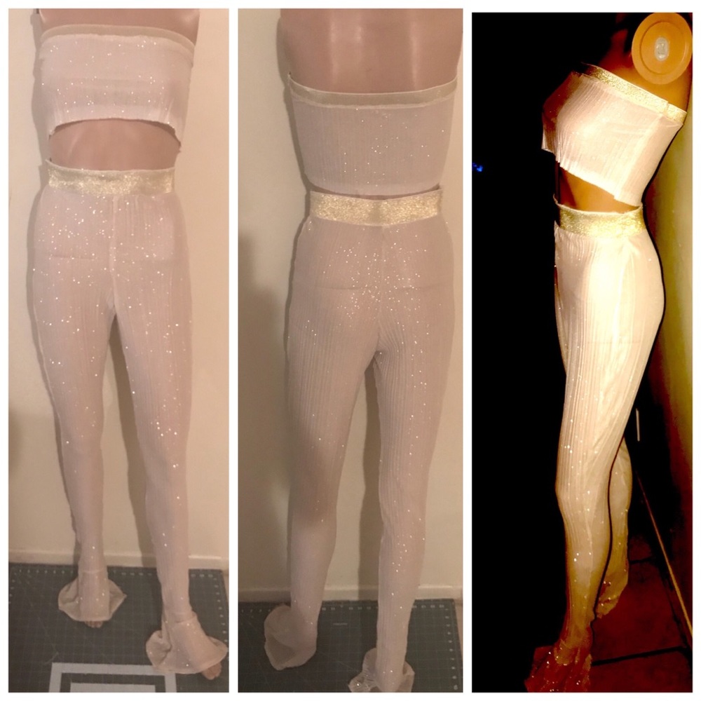 Tan glimmer seethru baby flared pants outfit.